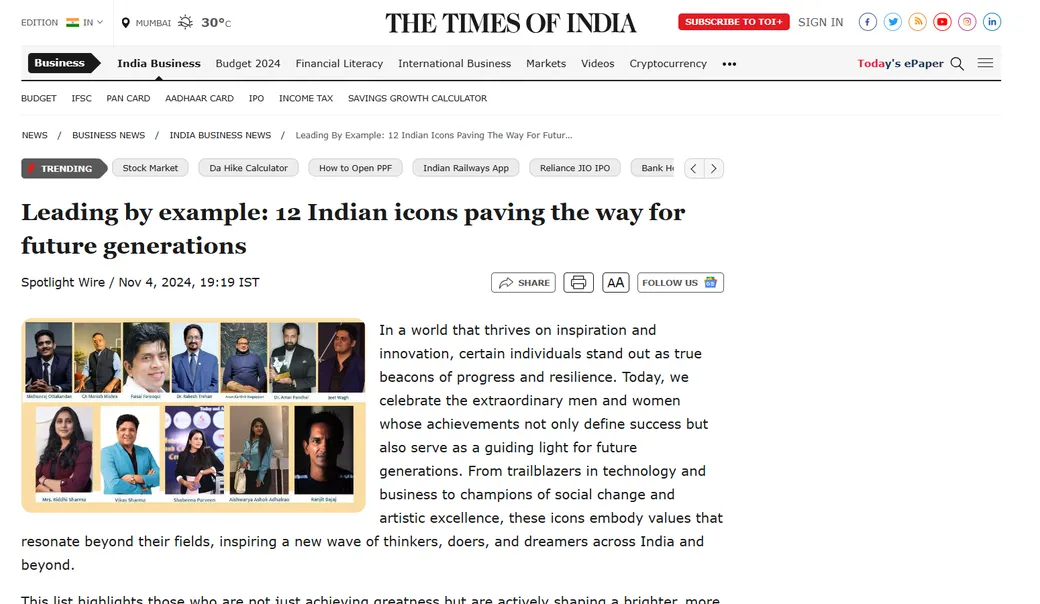 Times of India article featuring twelve Indian business leaders